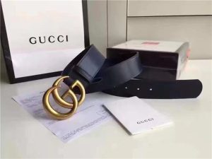 Gucci Leather belt with double G buckle Blue/Brass