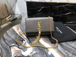 YSL Kate Small With Tassel in Grain De Poudre Embossed Leather Dark Grey / Gold