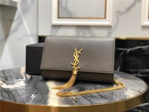 YSL Kate Medium With Tassel in Grain De Poudre Embossed Leather Dark Grey / Gold