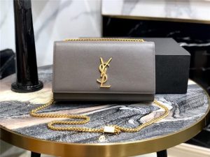 YSL Kate Medium in Grain De Poudre Embossed Leather Dark Grey / Gold