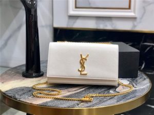 YSL Kate Medium in Grain De Poudre Embossed Leather White / Gold