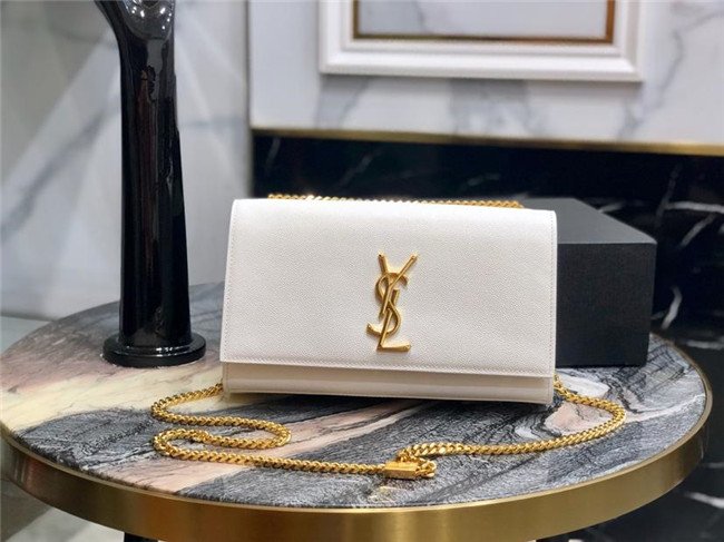 YSL Kate Medium in Grain De Poudre Embossed Leather White / Gold