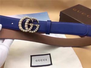 Gucci Leather belt with pearl Double G 34mm Blue