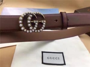 Gucci Leather belt with pearl Double G 34mm Dark Brown