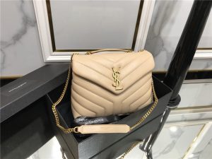 Small LOULOU Chain Bag "Y" Matelasse Leather Dark Beige/Gold