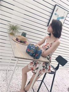 Gucci GG Marmont Mini Bag Denim Flowers