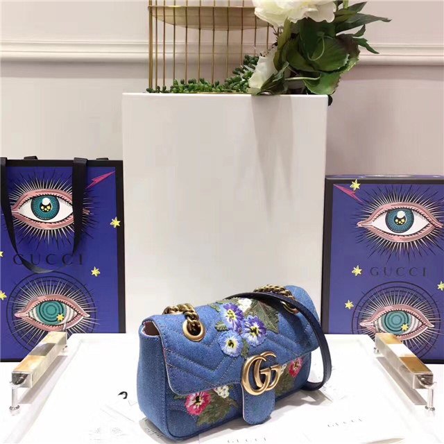 Gucci GG Marmont Mini Bag Denim Flowers