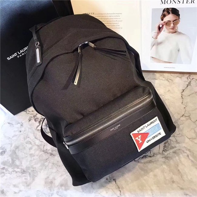 Yves Saint Laurent City Backpack With Pocket Patch Black Twill And Leather