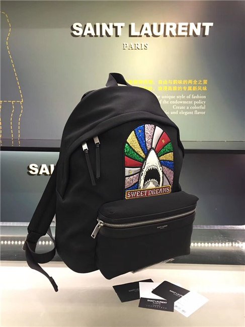 Yves Saint Lautent City Sweet Dreams Backpack With Pocket Patch Black Twill And Leather