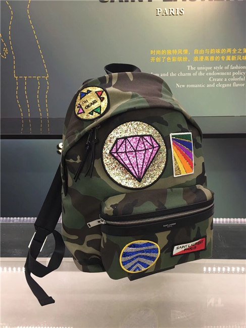 Yves Saint Laurent Classic City Backpack Khaki Cotton Gabardine Camouflage And Black Leather
