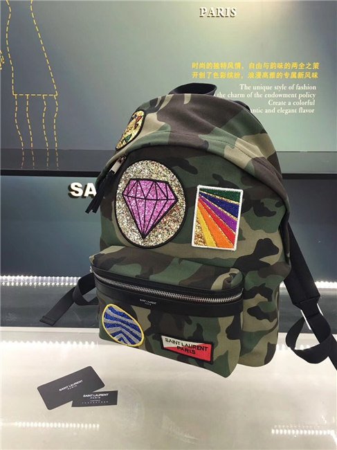 Yves Saint Laurent Classic City Backpack Khaki Cotton Gabardine Camouflage And Black Leather