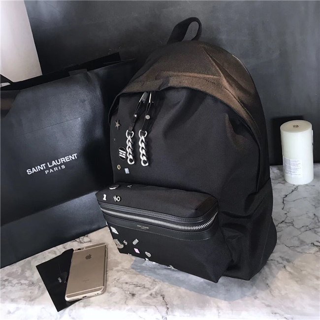 Yves Saint Laurent City Backpack With Pocket Patch Black Twill And Leather