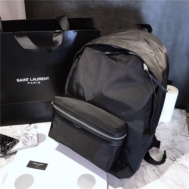 Yves Saint Laurent City Backpack With Pocket Patch Black Twill And Leather