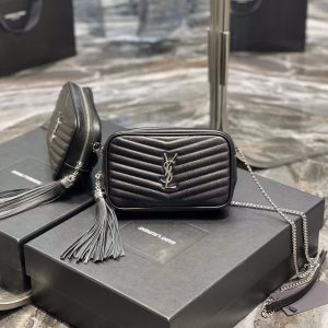YSL LOU CAMERA BAG IN QUILTED Black LEATHER with silver