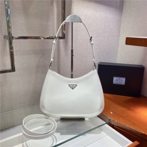 Prada Large Cleo Brushed Leather Shoulder White Bag 1BC156B