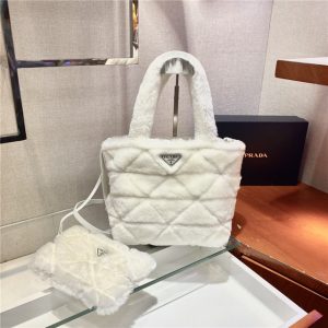 Prada Quilted Shearling Tote White Bag 1BG378