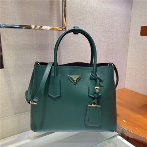 Prada Medium Double Textured-leather Green Tote