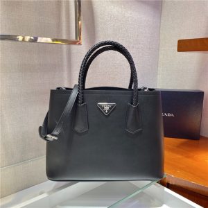 Prada Medium Double Tote Braided Handles Black 1BG776