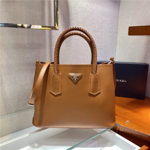 Prada Medium Double Tote Braided Handles Brown 1BG776