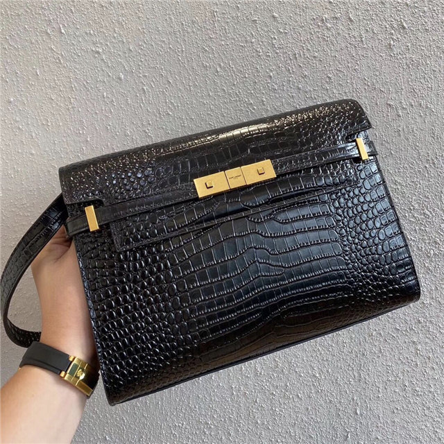 YSL Manhattan Shoulder Bag 579271 Black CrocodileGold