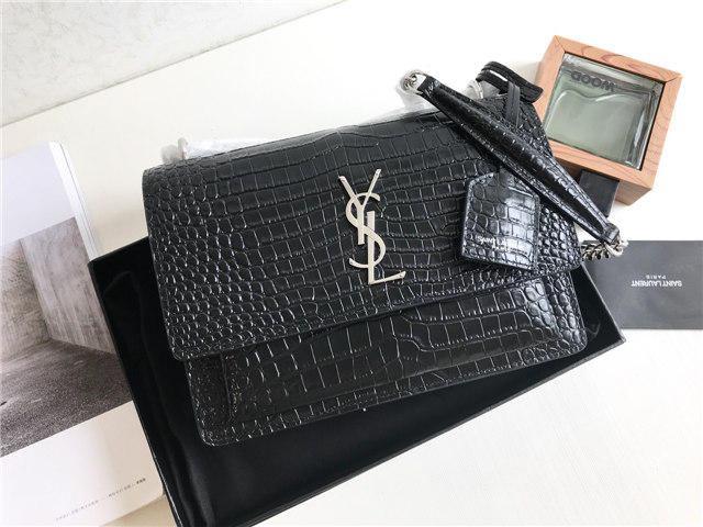 Sunset Medium 442906 Black Crocodile Embossed LeatherSilver-1.jpg