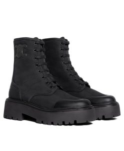 Celine Womens Bulky Laced Up Boot In Nylon And Shiny Bull Black-1
