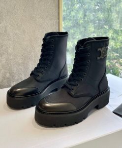 Celine Womens Bulky Laced Up Boot In Nylon And Shiny Bull Black-4