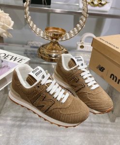 Miumiu x New Balance 574 Striped Velvet Sneakers Dark Coffee-3