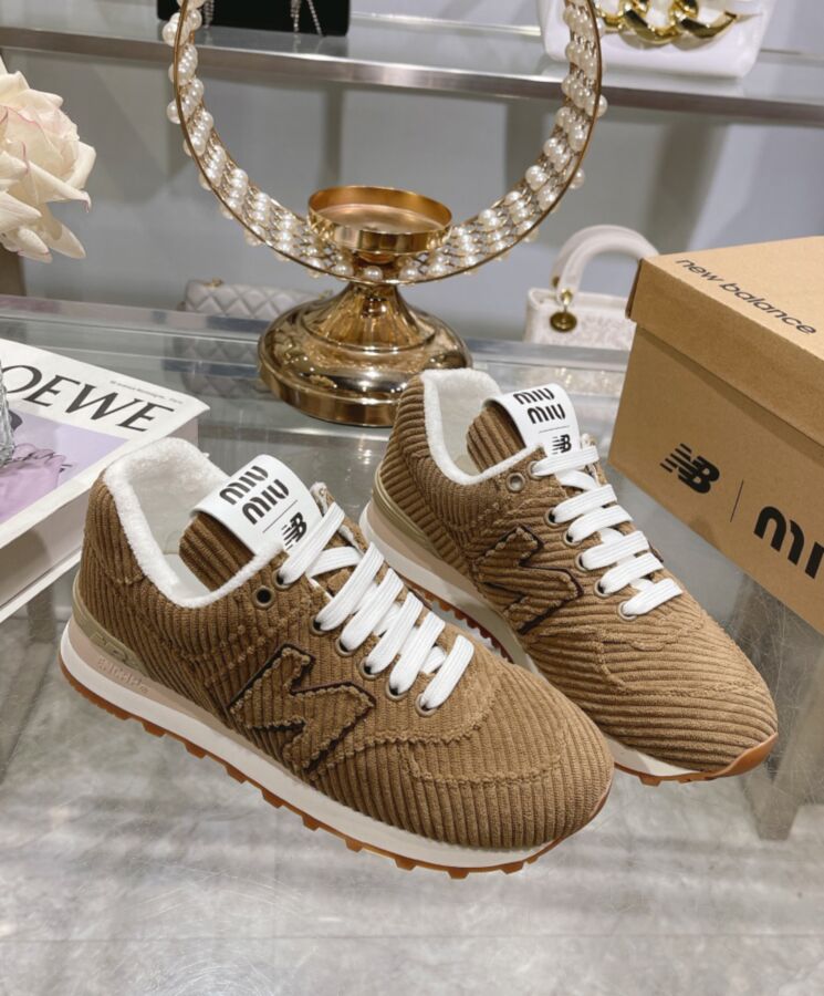 Miumiu x New Balance 574 Striped Velvet Sneakers Dark Coffee-3