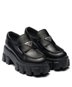 Prada Womens Brushed Leather Monolith Loafers Black-1