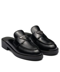 Prada Womens Brushed Leather Mules Black-1