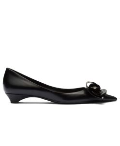 Prada Womens Brushed Leather Pumps With Floral Appliques 1I363N-1