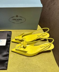 Prada Womens Brushed Leather Slingback Pumps With Floral Appliques 1I317N-4