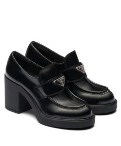 Prada Womens Chocolate High-heeled Brushed Leather Loafers Black-1