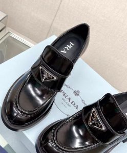 Prada Womens Chocolate High-heeled Brushed Leather Loafers Black-8