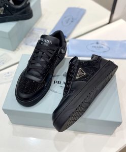Prada Womens Downtown Leather Sneakers With Crystals 2EE393 Black-10
