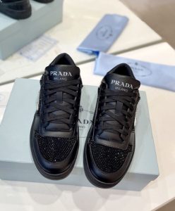 Prada Womens Downtown Leather Sneakers With Crystals 2EE393 Black-2