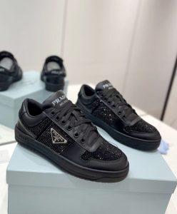 Prada Womens Downtown Leather Sneakers With Crystals 2EE393 Black-3