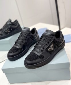 Prada Womens Downtown Leather Sneakers With Crystals 2EE393 Black-4