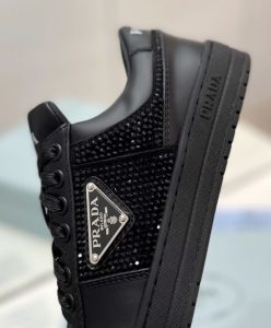 Prada Womens Downtown Leather Sneakers With Crystals 2EE393 Black-9