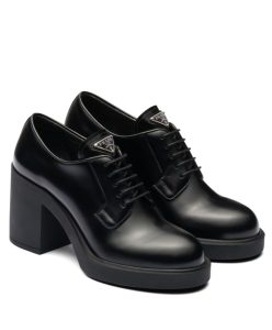 Prada Womens Heeled Brushed Leather Lace-ups Black-1