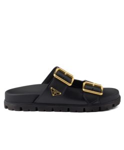 Prada Womens Leather Strap Slides 1XX692 Black-1