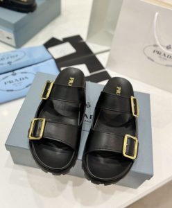 Prada Womens Leather Strap Slides 1XX692 Black-2