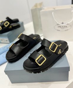 Prada Womens Leather Strap Slides 1XX692 Black-4