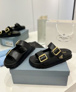 Prada Womens Leather Strap Slides 1XX692 Black-6