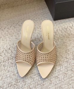 Saint Laurent Womens Blonde Mules In Rhinestones Mesh-2