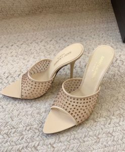 Saint Laurent Womens Blonde Mules In Rhinestones Mesh-3
