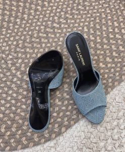 Saint Laurent Womens La 16 Mules In Cassandre Denim Dark Blue-9