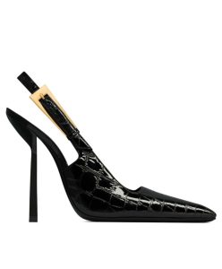 Saint Laurent Womens Lee Slingback Pumps In Crocodile-Embossed Leather Black-1