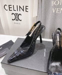 Saint Laurent Womens Lee Slingback Pumps In Crocodile-Embossed Leather Black-6